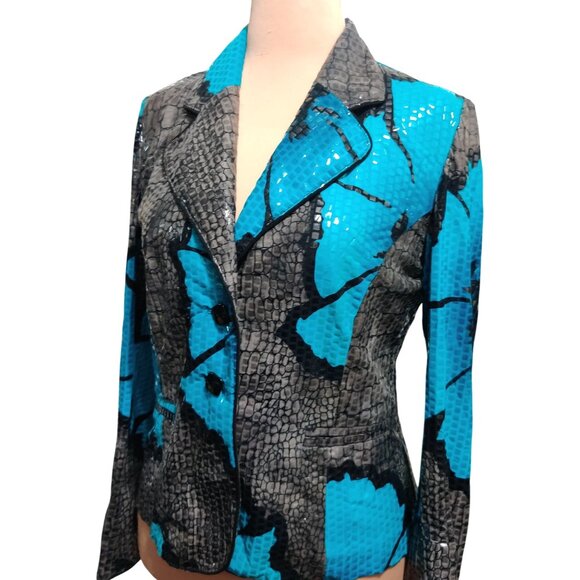 Womens L Blue Blazer Snake Floral Print Bold Chic Glam Statement Jacket Peplum - Picture 10 of 16